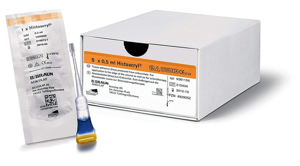 Caja de 5 x 0.5 ml de Histoacryl Blue, sobre individual y ampolleta con adhesivo azul, B. Braun
