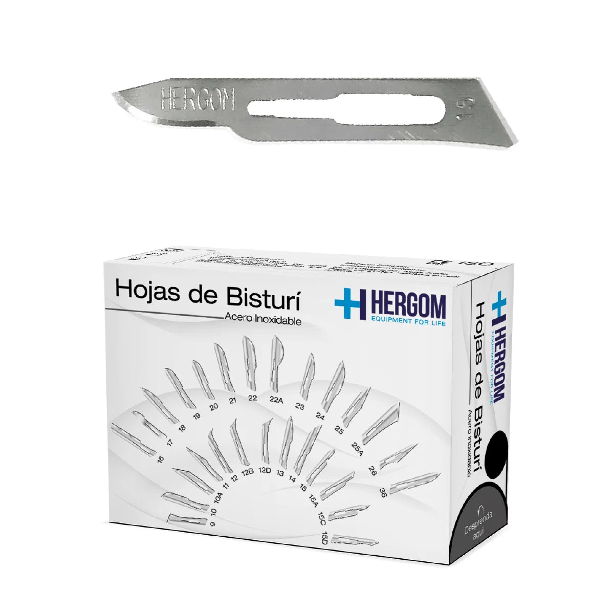 Caja Hergom de hojas de bisturí de acero inoxidable nº 15, 100 piezas, hoja estampada 15 sobre blanco