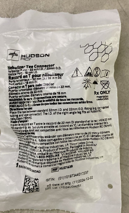 Bolsa Hudson RCI REF HUD1639, conector en T para nebulizador, 1 unidad, sobre fondo de mesa