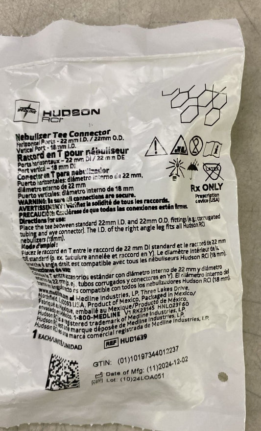 Bolsa Hudson RCI REF HUD1639, conector en T para nebulizador, 1 unidad, sobre fondo de mesa