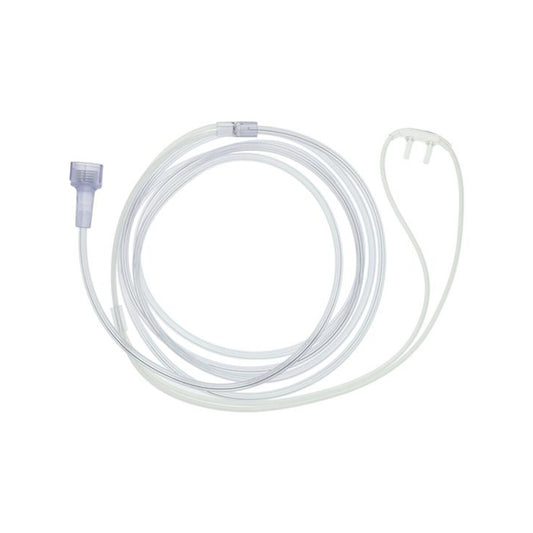 Cánula nasal pediátrica Hudson RCI HUD1826 Softech con tubería Star Lumen de 7 pies sobre fondo blanco