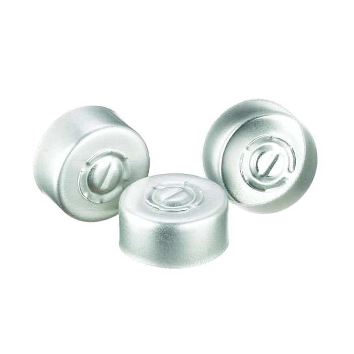 Sello WHEATON de aluminio con disco central desprendible, sin liner, color natural. Fotografía oficial ilustrativa de la serie. Medida de venta por referencia: WHE-224182-01. Caja con 1000 sellos.