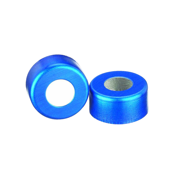 Sellos WHEATON de aluminio Open Top sin liner, color azul. Fotografía oficial ilustrativa de la serie. Medida según referencia: WHE-224176-05. Venta por caja con 1000 sellos.
