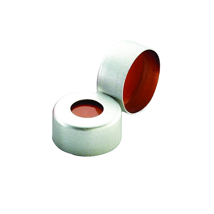 Sellos WHEATON de aluminio Open Top (abertura superior) con liner de PTFE/caucho rojo, color natural. Fotografía oficial ilustrativa de la serie. Medida según referencia: WHE-224211-01. Venta por caja con 1000 sellos.