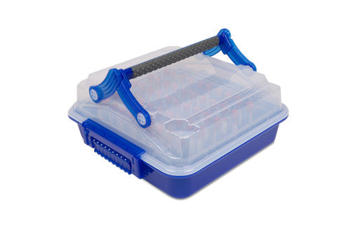 Contenedor Heathrow Scientific DuraPorter XL HS120926, azul, vista cerrada con tubos ilustrativos no incluidos