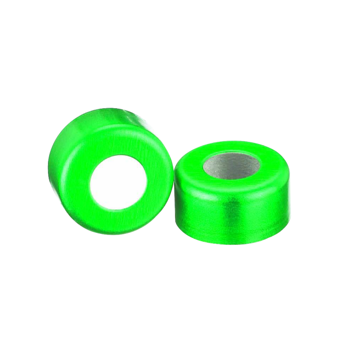 Sellos WHEATON de aluminio Open Top sin liner, color verde. Fotografía oficial ilustrativa de la serie. Medida según referencia: WHE-224176-07. Venta por caja con 1000 sellos.