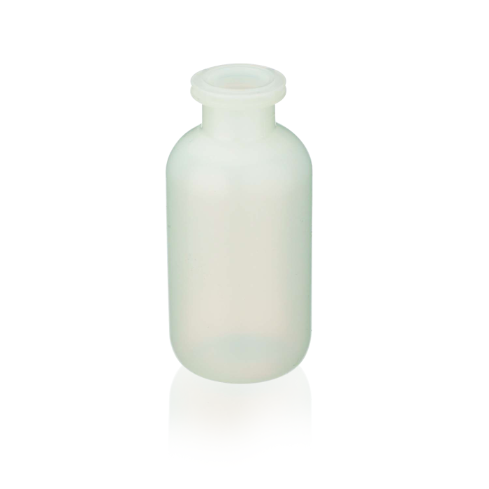 Botella sérica WHEATON de HDPE natural, cuello para engargolado; fotografía oficial ilustrativa de la serie. Capacidad y caja según referencia WHE-224031, WHE-224036, WHE-224037.