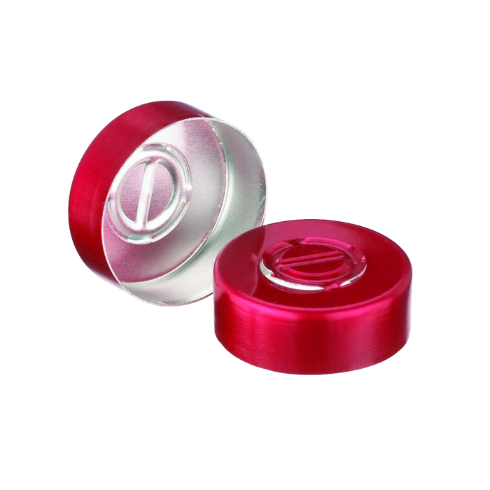 Sello WHEATON de aluminio con disco central desprendible, sin liner, color rojo. Foto oficial de 20 mm como ilustración de la serie. Medida de venta por referencia: WHE-224182-06, WHE-224183-06. Caja con 1000 sellos.