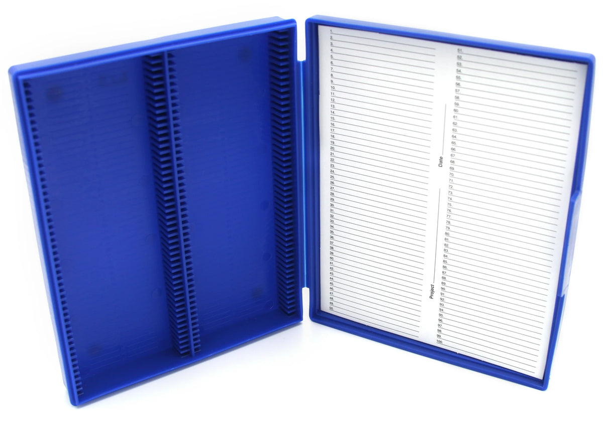 Caja Heathrow Scientific HS15991A azul de 100 posiciones de polipropileno; portaobjetos no incluidos
