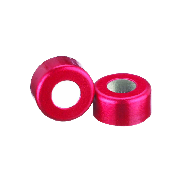 Sellos WHEATON de aluminio Open Top sin liner, color rojo. Fotografía oficial ilustrativa de la serie. Medida según referencia: WHE-224176-06. Venta por caja con 1000 sellos.