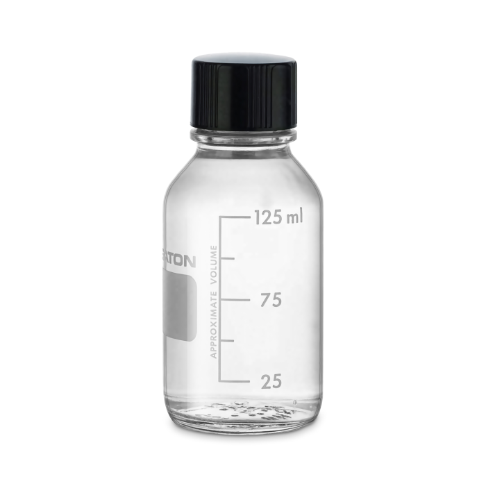 Frasco WHEATON Media/Lab 219755 de 125 mL, graduado, con tapa fenólica y sello de caucho. Referencias WHE-219755