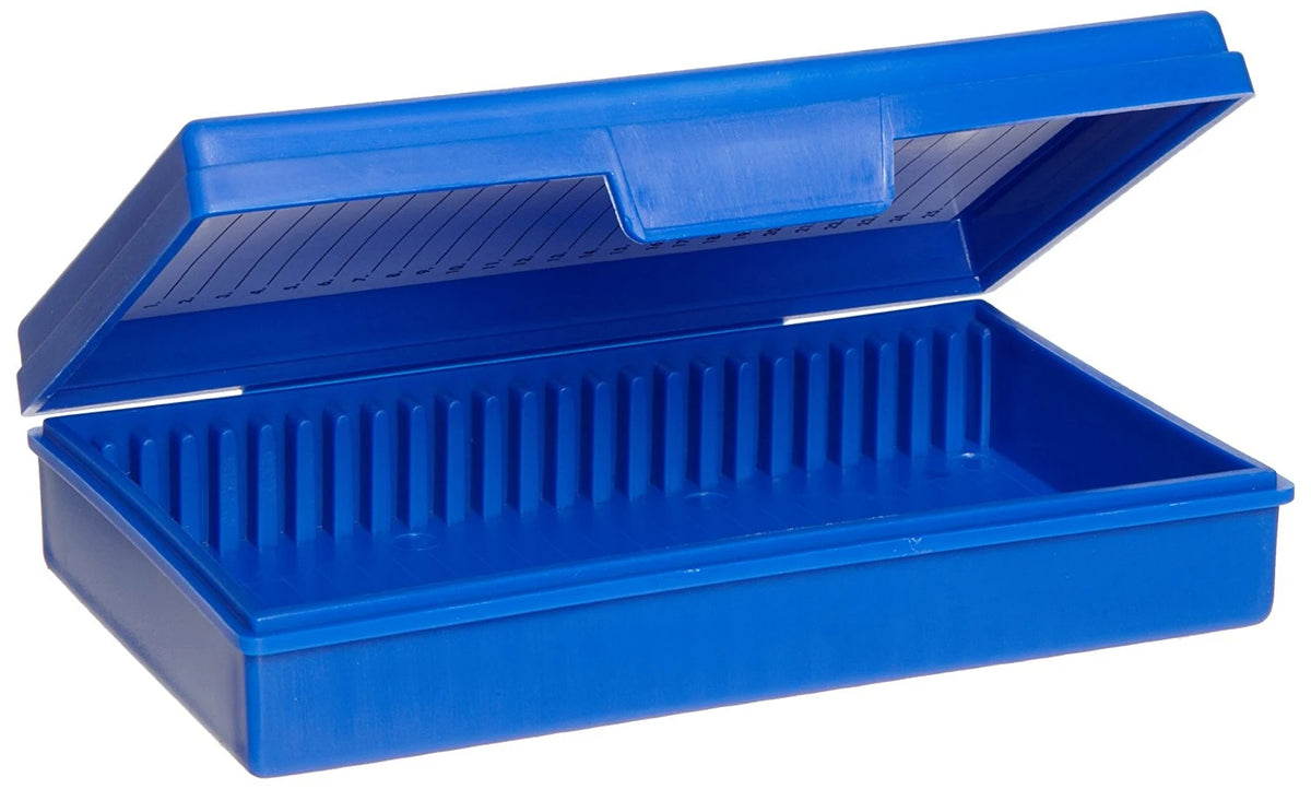 Caja Heathrow Scientific HS15990A azul de 25 posiciones de polipropileno; portaobjetos no incluidos