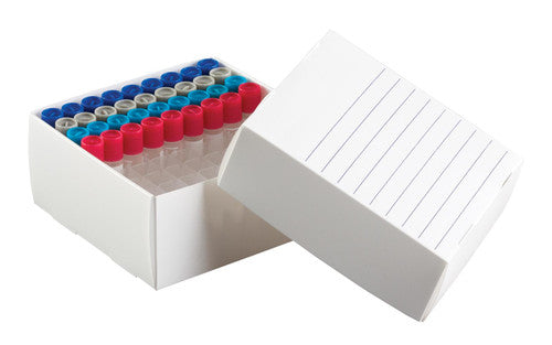 Caja Thin Film Heathrow Scientific HS120370, blanco, vista de caja y tapa sin empaque; tubos ilustrativos no incluidos