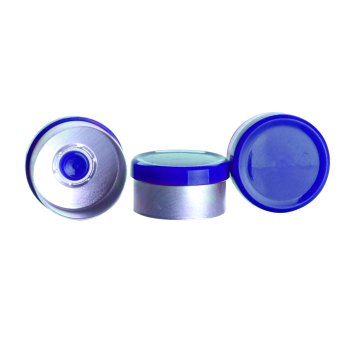 Sello WHEATON COMPLETEPAK Flip estéril de 13 mm, aluminio con botón azul de PP; referencia WHE-W988010-S.