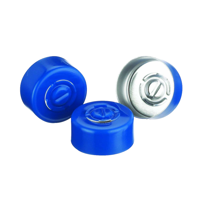 Sello WHEATON de aluminio con disco central desprendible, sin liner, color azul. Fotografía oficial ilustrativa de la serie. Medida de venta por referencia: WHE-224182-05. Caja con 1000 sellos.