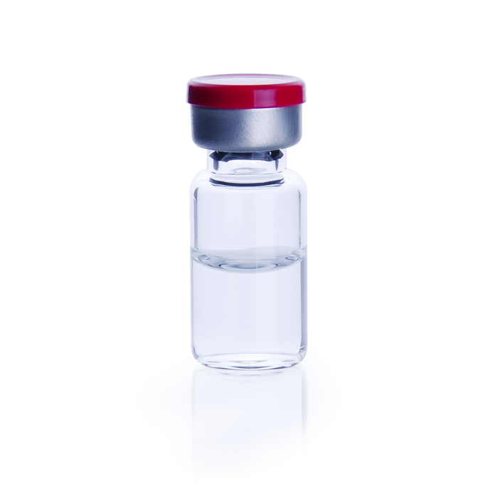 Kit WHEATON COMPLETEPAK de vial incoloro, tapón OmniFlex 3G Igloo Lyo y sello Flip rojo; montaje ilustrativo. Presentación y contenido por referencia: WHE-W991005-CP.