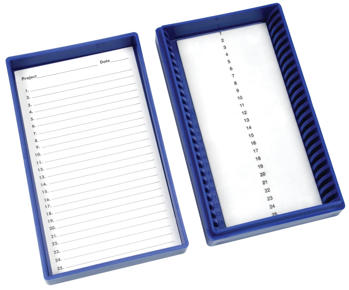 Caja Heathrow Scientific HS15989M azul de 25 posiciones con revestimiento de espuma; portaobjetos no incluidos