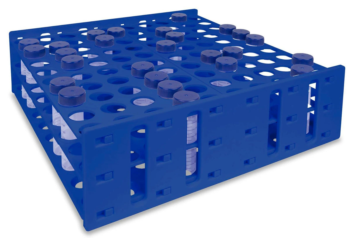 Gradilla Heathrow Scientific Mega Rack HS120958, azul, 100 posiciones y pozo de 32 mm; tubos y tapas ilustrativos no incluidos