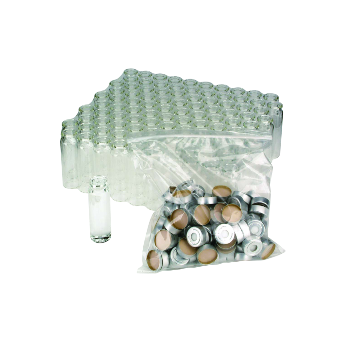 Paquete WHEATON Headspace de viales de vidrio y sellos con septa PTFE/silicona. Foto oficial ilustrativa; capacidad de 10 o 20 mL por referencia WHE-W225278-01, WHE-W225280-01. Venta: 100 viales y 100 sellos de 20 mm.