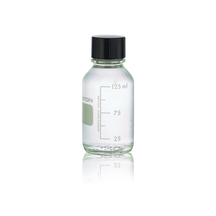 Frasco WHEATON Media/Lab 219815 de 125 mL, graduado con tapa fenólica y sello de PTFE/caucho. Referencias WHE-219815
