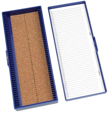 Caja Heathrow Scientific HS15996A azul de 50 posiciones con revestimiento de corcho; portaobjetos no incluidos