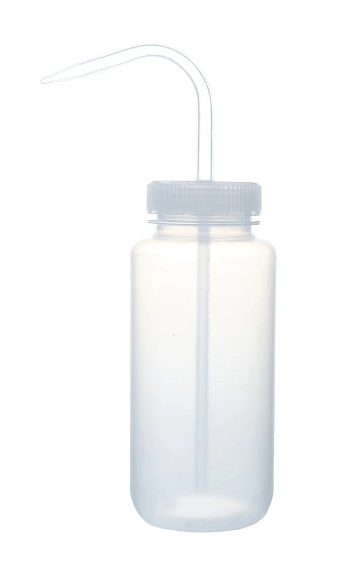 Frasco lavador Heathrow Scientific HS120245 de 500 mL con cierre blanco, vista de una unidad sin líquido ni empaque