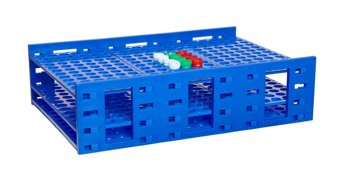 Gradilla Heathrow Scientific Mega Rack HS24322A, azul, 216 posiciones y pozo de 13 mm; tubos y tapas ilustrativos no incluidos