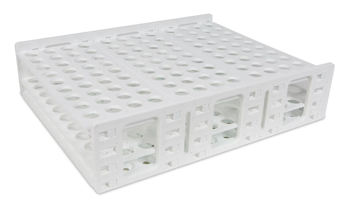 Gradilla Heathrow Scientific Mega Rack HS120834, blanco, 120 posiciones y pozo de 20 mm; tubos y tapas ilustrativos no incluidos