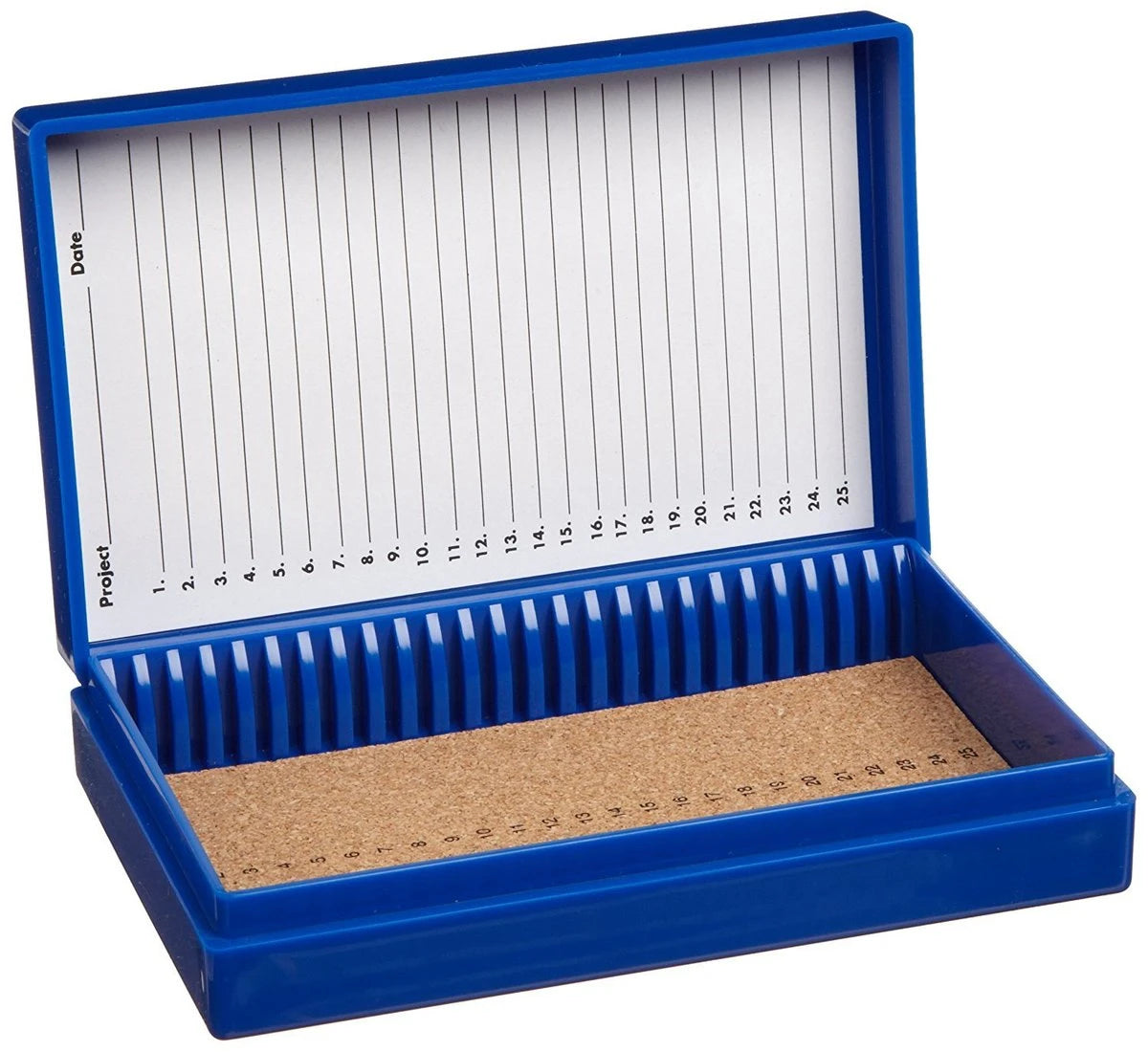 Caja Heathrow Scientific HS15989A azul de 25 posiciones con revestimiento de corcho; portaobjetos no incluidos