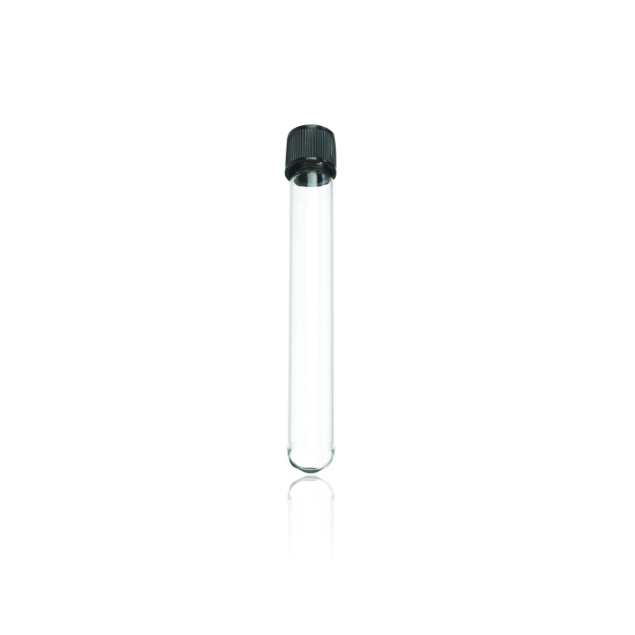 Tubo de cultivo WHEATON de vidrio con tapa roscada y liner de caucho 14B con cara de PTFE. Fotografía oficial ilustrativa de serie; dimensiones según referencia WHE-358646, WHE-358647. Venta: caja con 144 tubos con tapa.