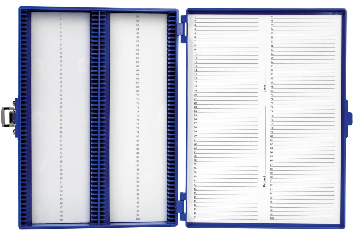 Caja Heathrow Scientific HS15994M azul de 100 posiciones con revestimiento de espuma; portaobjetos no incluidos