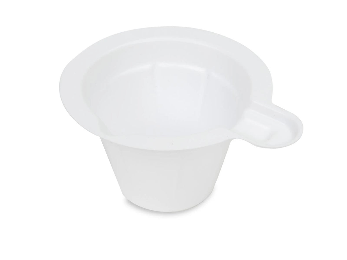Charola de pesaje para líquidos Heathrow Scientific HS120890 de 50 mL, blanca, con asa y pico de vertido, vista sin empaque