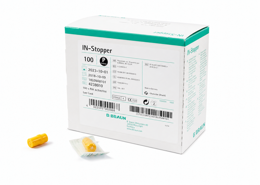 Caja B. Braun IN-Stopper 4238010 con 100 tapones Luer-Lock macho y membrana, sobre fondo blanco