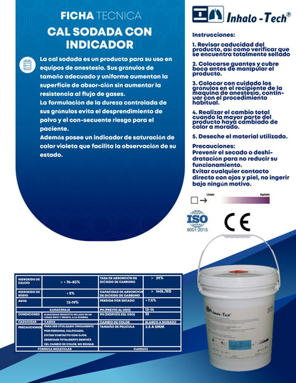 Ficha técnica Inhalo-Tech de cal sodada con indicador INH-CAL16: composición, absorción y cambio de color blanco a morado