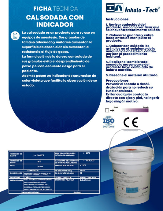 Ficha técnica Inhalo-Tech de cal sodada con indicador INH-CAL16: composición, absorción y cambio de color blanco a morado