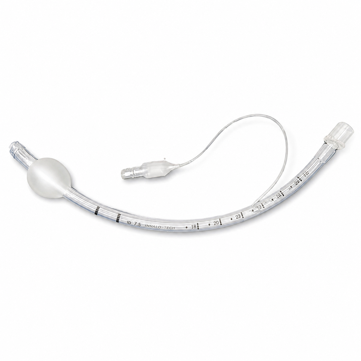 Tubo endotraqueal Inhalo-Tech con globo, PVC tipo Murphy, balón suave y válvula piloto, sobre fondo blanco