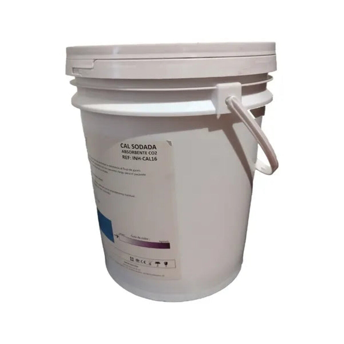 Cubeta Inhalo-Tech INH-CAL16 de cal sodada absorbente de CO2 con indicador blanco a morado, 16 kg, sobre fondo blanco
