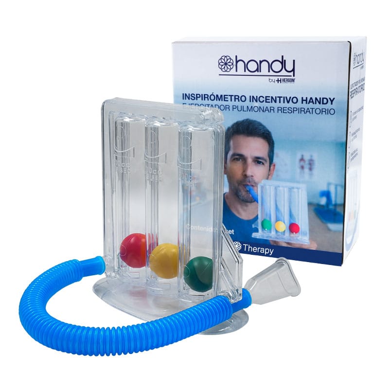 Inspirómetro incentivo Handy INSPM con tres cámaras, tubo corrugado, boquilla y su caja