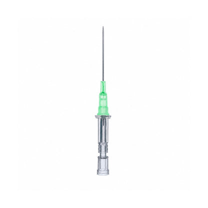 B. Braun Introcan Certo 4251342 catéter periférico 18G x 1 1/4 pulgadas verde sobre fondo blanco