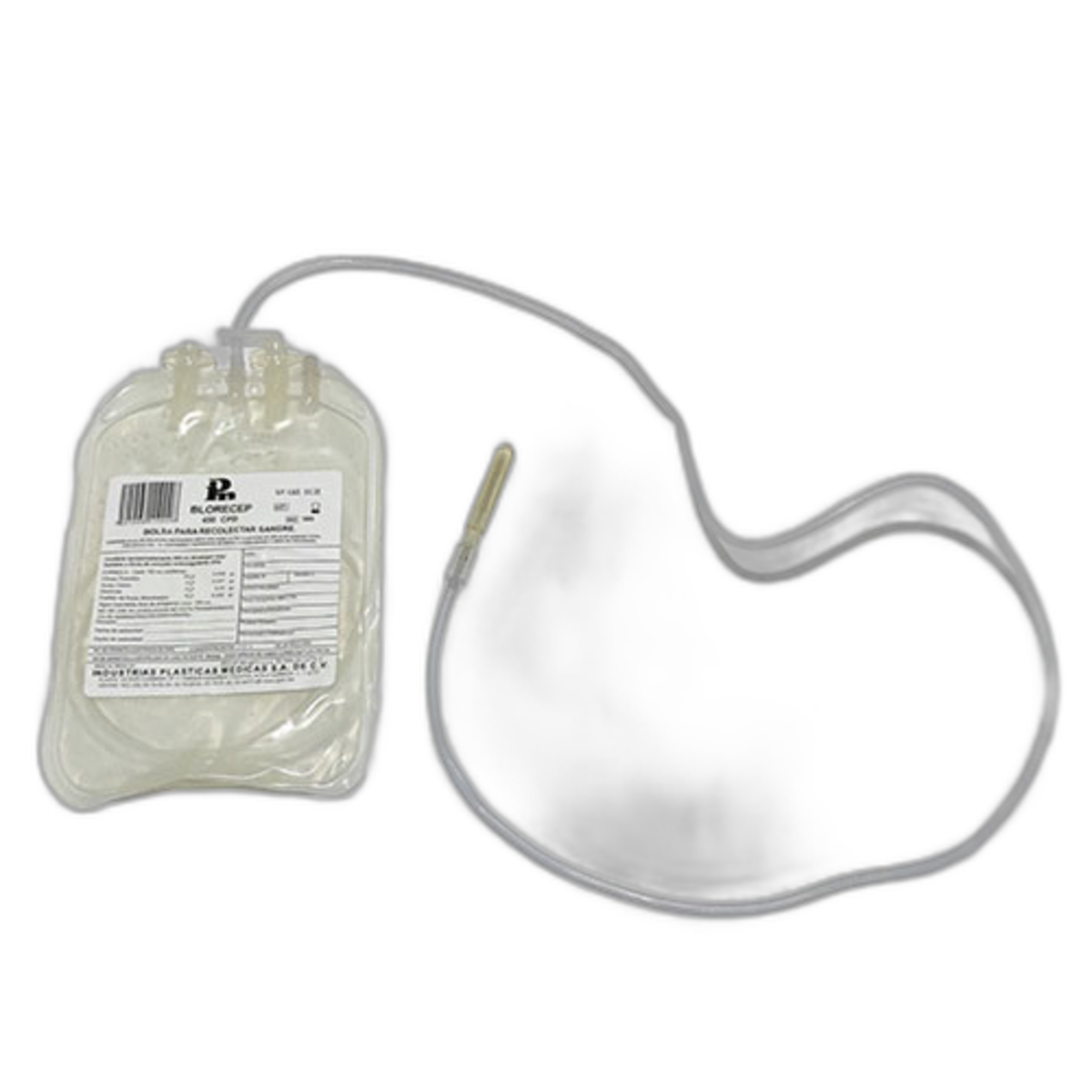Bolsa Blorecep IPM 1002 para recolectar sangre de 450 ml con anticoagulante CPD, sobre fondo blanco