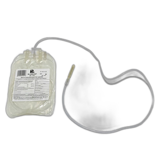 Bolsa Blorecep IPM 1002 para recolectar sangre de 450 ml con anticoagulante CPD, sobre fondo blanco