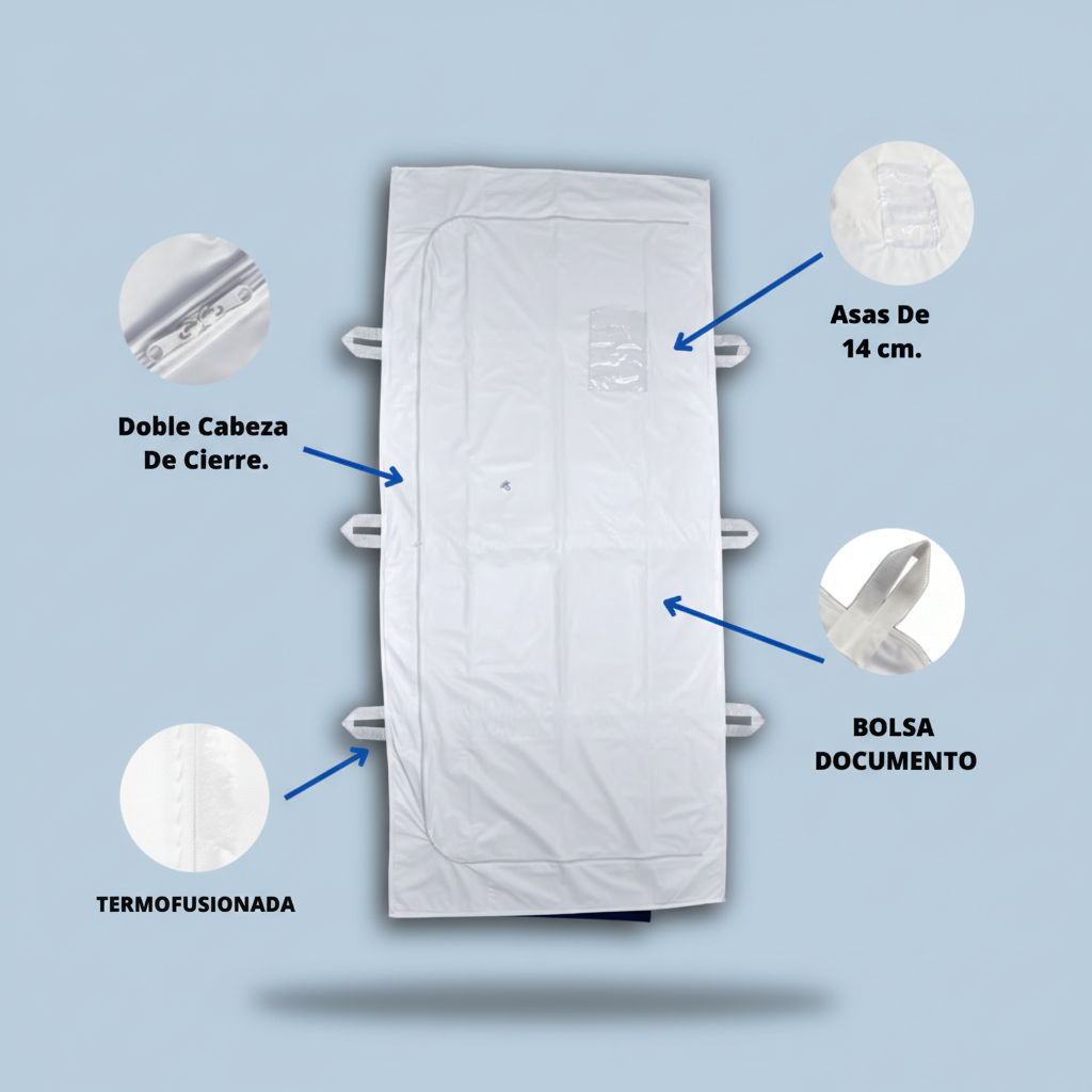 Bolsa para cadáver Ivoor de vinil PVC blanco 100 × 220 cm con cierre curvo tipo U y 6 asas de 14 cm
