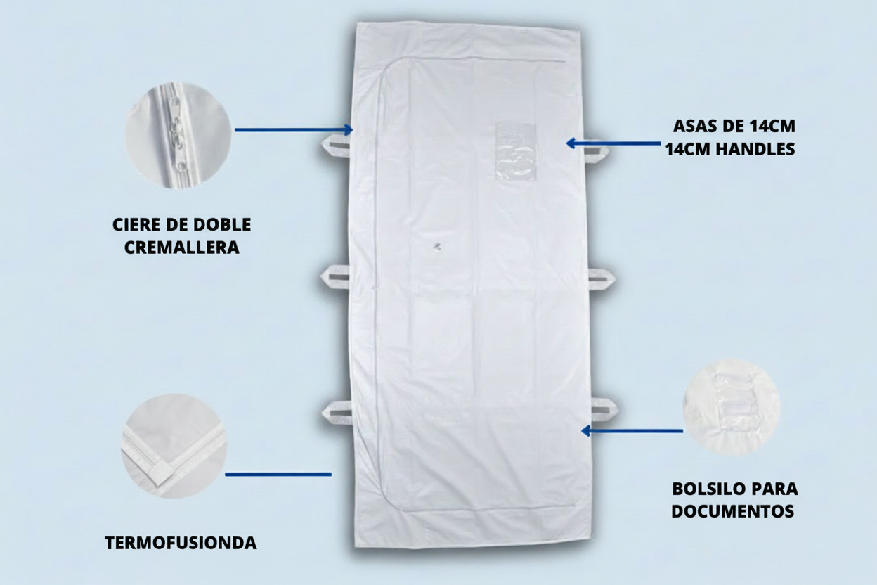 Detalles de la bolsa para cadáver Ivoor con cierre curvo: doble cremallera, asas de 14 cm, bolsillo para documentos y sellado por termofusión