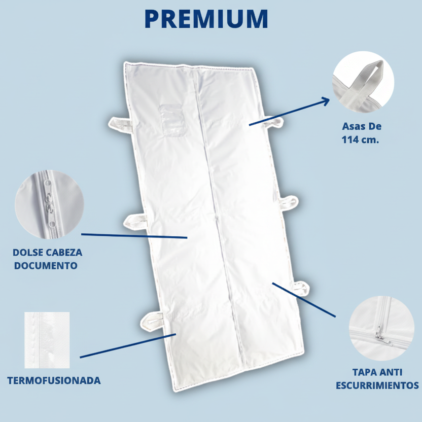 Bolsa para cadáver Ivoor de vinil PVC blanco 96 × 220 cm, con cierre central, asas y bolsa portadocumentos