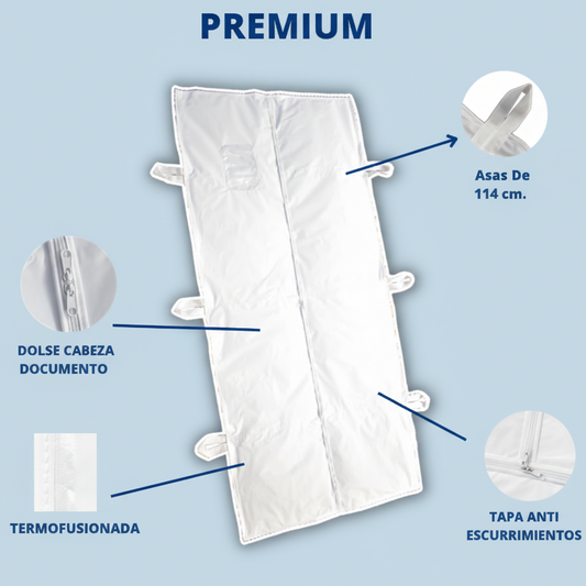 Bolsa para cadáver Ivoor de vinil PVC blanco 96 × 220 cm, con cierre central, asas y bolsa portadocumentos