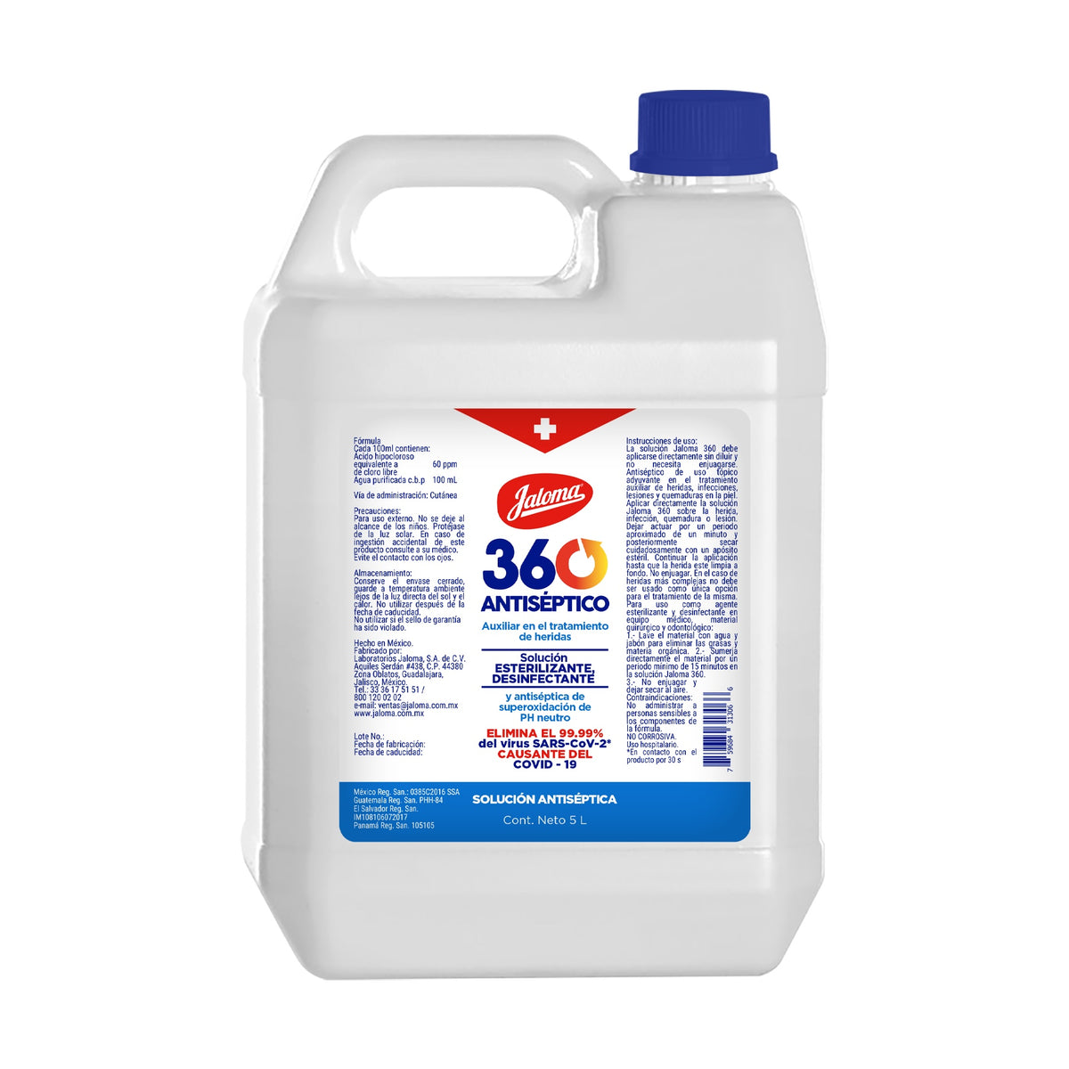 Garrafa Jaloma 360 antiséptico 5 L, código 131306, solución de superoxidación sobre fondo blanco
