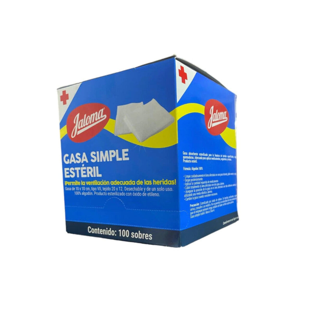Jaloma gasa simple estéril de 10 × 10 cm, caja con 100 sobres sobre fondo blanco