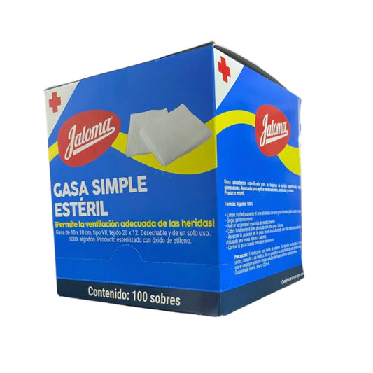 Jaloma — gasa simple estéril de 10 × 10 cm, caja con 100 sobres