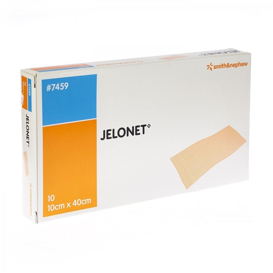 Caja Smith+Nephew Jelonet REF 7459, 10 apósitos de 10 × 40 cm sobre fondo blanco