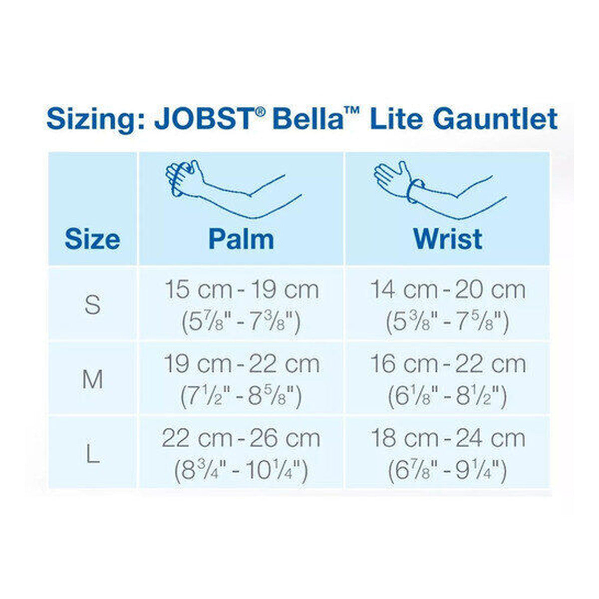 Tabla de tallas JOBST Bella Lite guanteleta: palma y muñeca